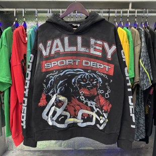 Valley怪兽印花复古洗水做旧嘻哈男纯棉毛圈卫衣连帽衫 Vale 美式