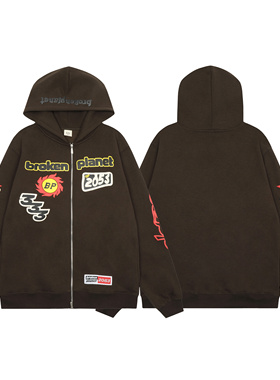 美式BROKEN PLANET徽标发泡印花拉链连帽衫嘻哈宽松纯棉加绒卫衣