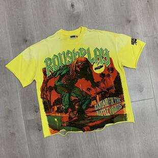 RoughPlay美式INS新款潮牌洗水做旧破洞烫钻休闲圆领纯棉短袖T恤