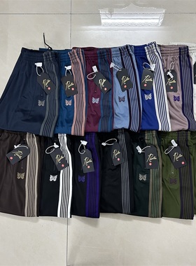 needles蝴蝶刺绣欧美潮牌男女同款阔腿宽松条纹直筒运动休闲长裤