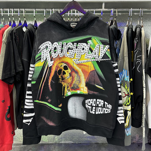 潮牌骷髅印花复古洗水做旧INS宽松纯棉卫衣连帽衫 Play美式 Rough