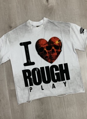 美式潮牌RoughPlay洗水做旧破洞烫钻INS圆领纯棉宽松情侣短袖T恤