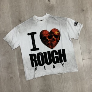 美式潮牌RoughPlay洗水做旧破洞烫钻INS圆领纯棉宽松情侣短袖T恤