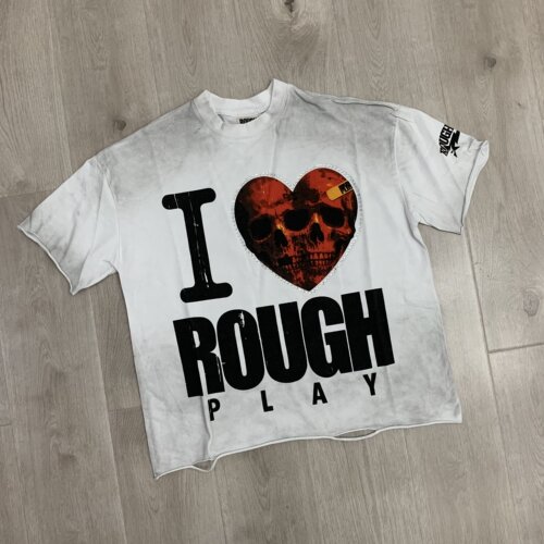 美式潮牌RoughPlay洗水做旧破洞烫钻INS圆领纯棉宽松情侣短袖T恤
