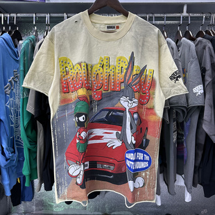 潮牌洗水做旧破洞夏纯棉圆领短袖 T恤 Play卡通兔子印花美式 Rough