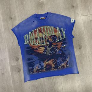 RoughPlay美式INS新款复古洗水做旧烫钻破洞纯棉情侣坎肩无袖T恤