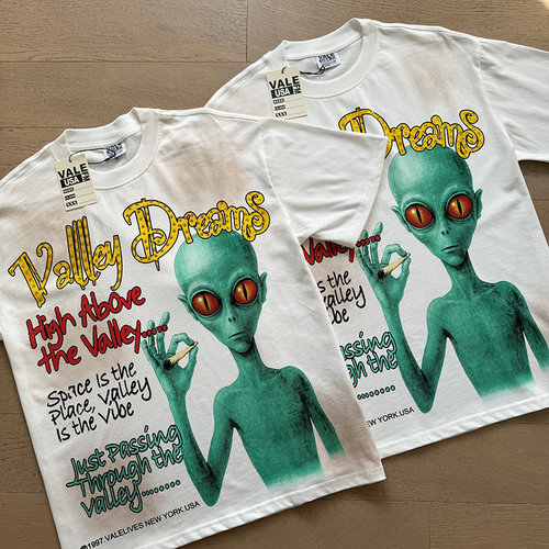 美式Vale Valley潮牌洗水做旧外星人印花复古烫钻宽松纯棉短袖T恤