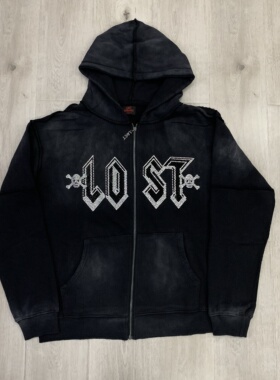 Lost intricacy做旧印花拉链衫美式潮牌嘻哈高街ins纯棉毛圈卫衣