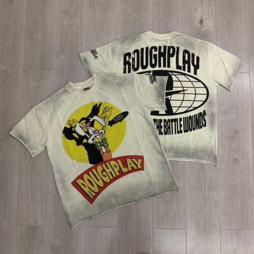 RoughPlay新款美式INS动漫纯棉短袖烫钻破洞洗水做旧情侣上衣T恤