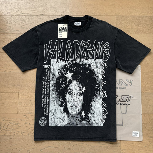 潮牌Vale Valley欧美女星印花高街洗水做旧宽松重磅纯棉短袖T恤衫