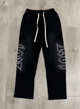 Lost intricacy复古烫钻印花洗水做旧美式潮牌高街男抽绳休闲长裤