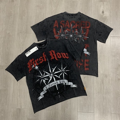 First Row美式潮牌字母印花做旧烫钻高街夏T恤衫宽松纯棉圆领短袖