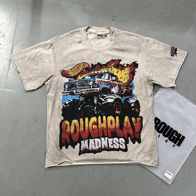 美式Rough Play四驱车复古洗水破洞ins潮牌高街纯棉圆领短袖T恤衫