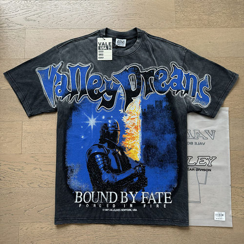 Vale Valley美式潮牌钢铁人洗水做旧烫钻短袖宽松重磅纯棉T恤上衣
