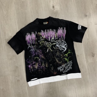 潮牌RoughPlay赛车手白墨直喷破洞烫钻圆领纯棉男女假两件短袖T恤