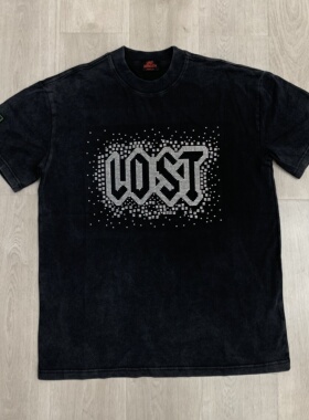 Lost intricacy洗水字母印花烫钻美潮嘻哈高街纯棉圆领短袖T恤衫