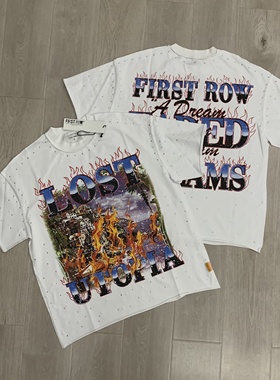 First Row美式火焰印花烫钻洗水反车高街夏T恤衫宽松纯棉圆领短袖