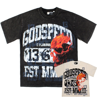 美式 T恤 26ss潮牌godspeed火焰骷髅印花高街洗水做旧纯棉宽松短袖