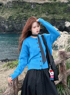 温柔蓝色小个子毛衣宽松针织外搭开衫秋季新款韩系ins风穿搭上衣