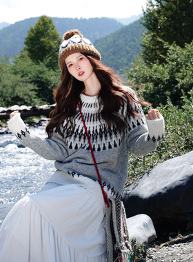 韩系针织灰色毛衣费尔岛毛衣复古百搭慵懒风时尚休闲圆领套头上衣