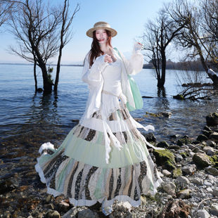 民族风复古撞色拼接显瘦半身裙女新款 高腰波西米亚印花拼接半身裙