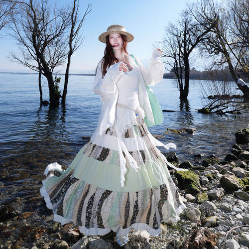 波西米亚复古撞色高腰显瘦半身裙