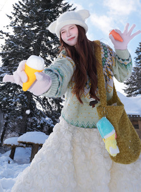 绿色费尔岛毛衣软糯秋冬宽松加厚慵懒ins风潮韩版雪地套头针织衫