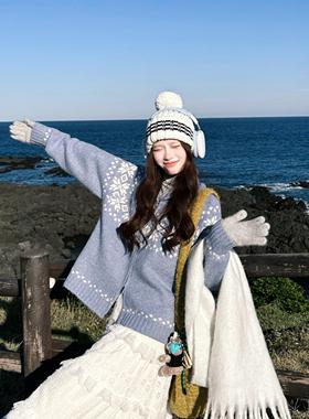 韩系小个子蓝色毛衣北欧复古费尔岛纯秋季新款ins风软糯开衫外套