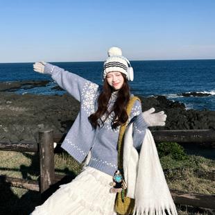 外套 ins风软糯开衫 韩系小个子蓝色毛衣北欧复古费尔岛纯秋季 新款