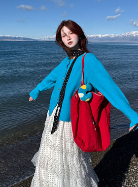 温柔蓝色小个子毛衣开衫宽松针织外搭显瘦韩系ins风潮穿搭上衣