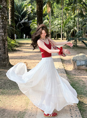 白色百褶仙女长裙子韩系大裙摆设计感2025春季新款ins风半身裙