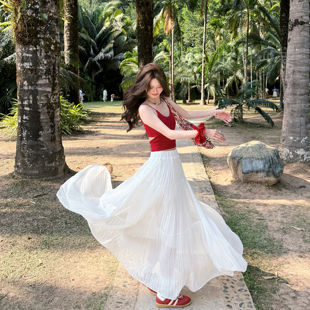 白色百褶仙女长裙子韩系大裙摆设计感2025春季新款ins风半身裙