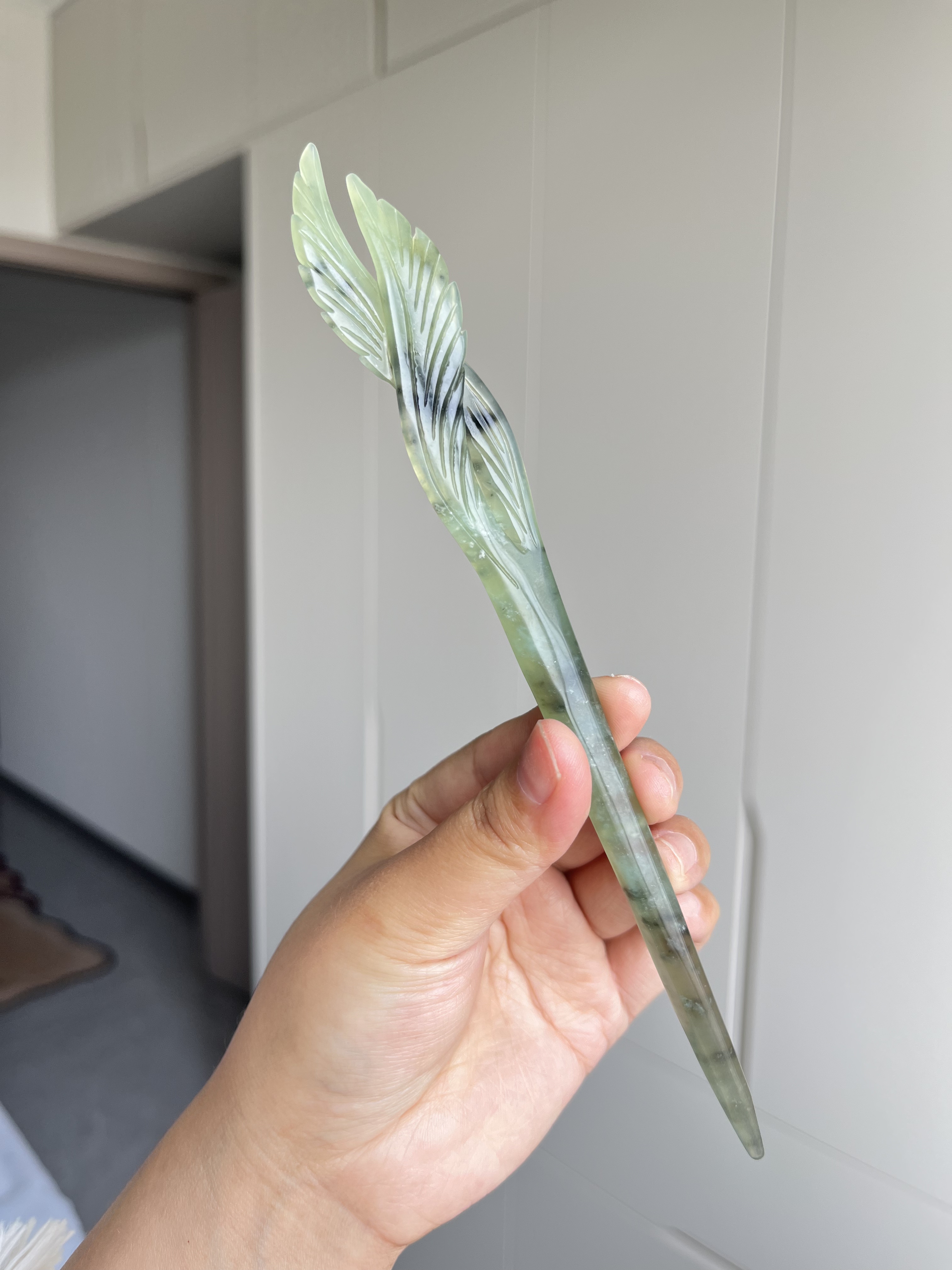 天然岫玉发簪双面雕刻寰谛凤翎发发饰