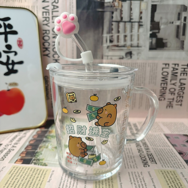 ins玻璃杯玻璃卡通吸管刻度可爱牛奶水杯带盖杯子家用高颜值