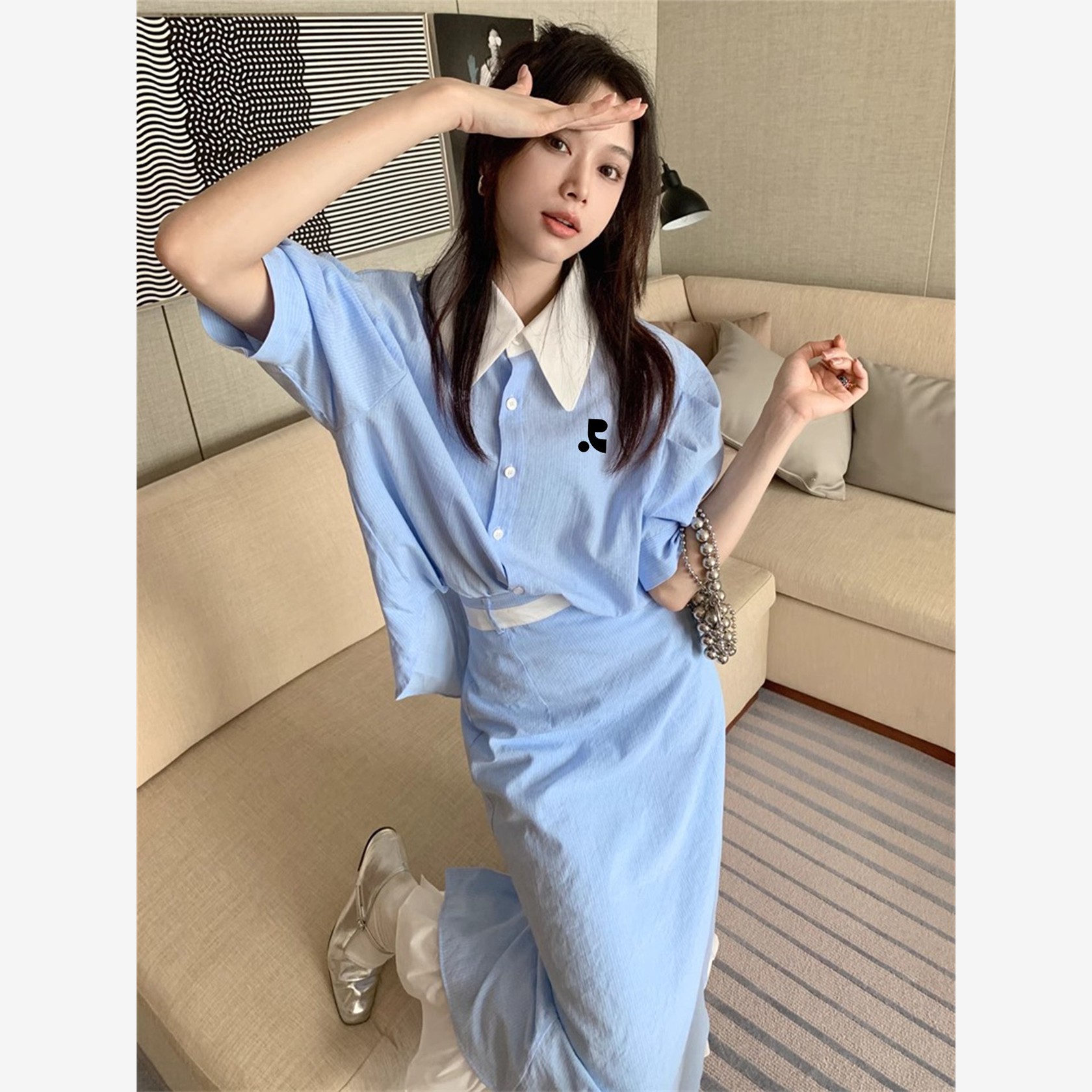 韩国采购Renionan夏季小众设计对比浅蓝色条纹衬衫女裙两件套