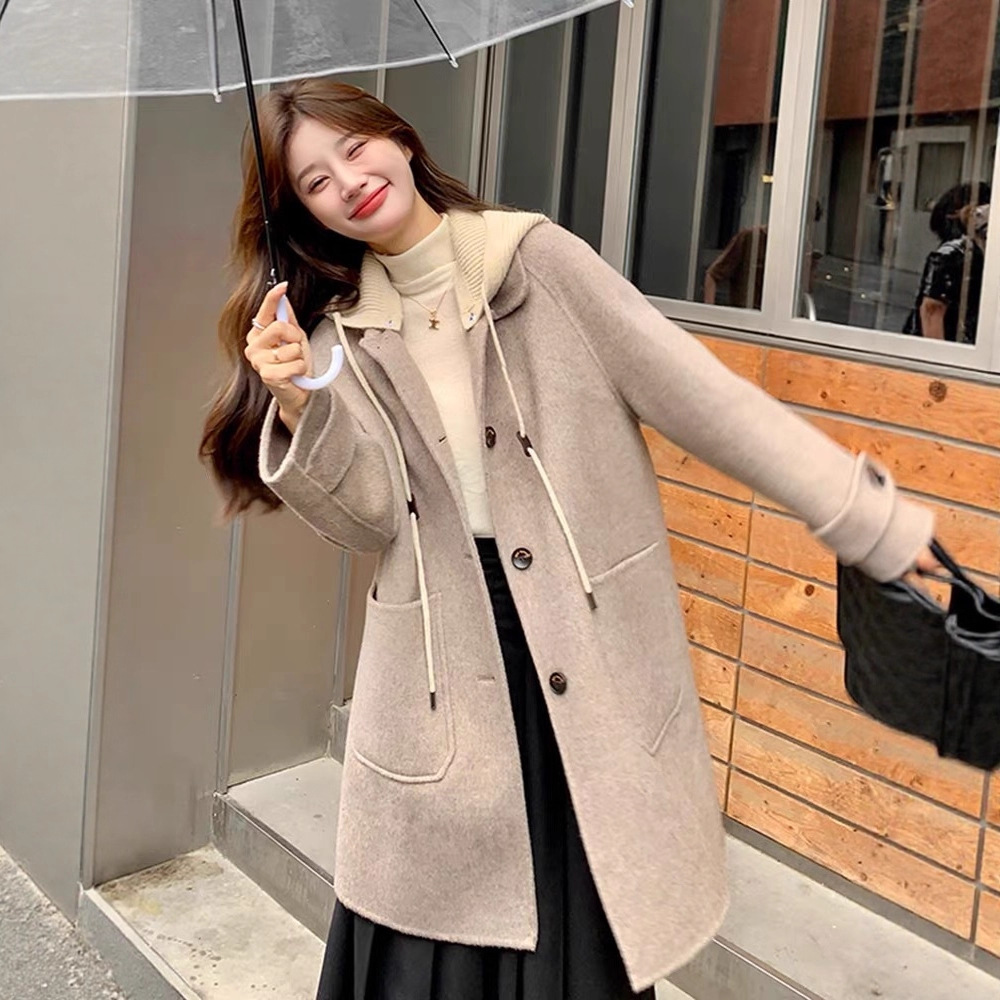 时尚连帽撞色双面羊毛大衣女2025年秋冬新款气质显瘦百搭毛呢外套