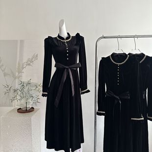 实拍2025新款秋季一生罗曼金色宫殿气质法式连衣裙女长裙黑色复古