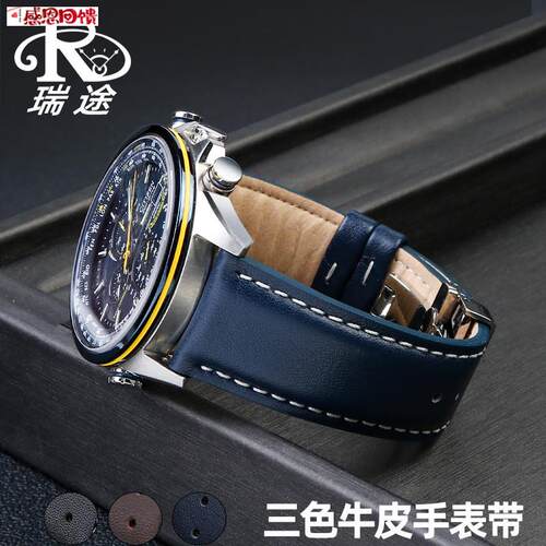 适配CITIZENBU202D0 AT8110光动能表炼小蓝针 真皮表带男 22 23m