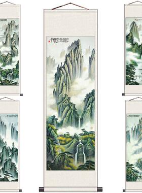 细长长水石舟T国画细长挂画风水丝绸礼品卷轴办公室字画黄山迎客