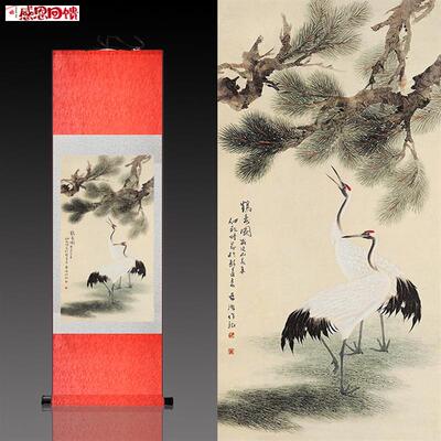 松鹤延年鹤寿图丝J绸画卷轴画中堂挂画国画水墨画花鸟画客厅装