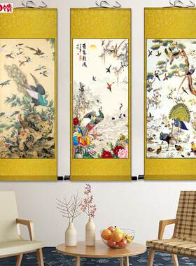 百鸟朝凤国画客n户礼品画花鸟画凤凰插画富贵卷轴画玄关装饰定