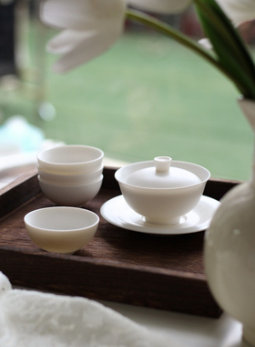 素烧盖碗羊脂玉高端盖碗陶瓷家用手工茶具三才功夫茶具泡茶神器