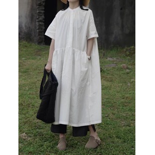 日系短袖宽松百搭长款圆领大码胖MM连衣裙长裙2025夏日薄款大袍子