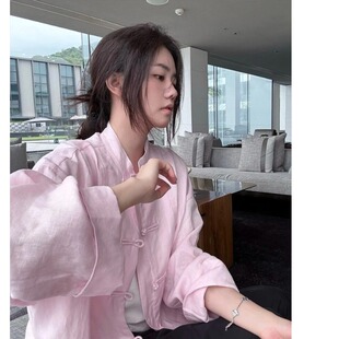 新中式粉色亚麻外套2025早秋气质大码胖MM独特漂亮国风盘扣上衣