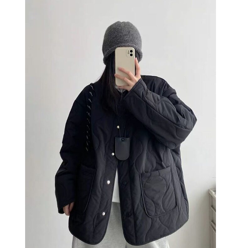 日系复古葫芦纹菱格棉服女秋冬廓形轻薄宽松大码休闲无领棉衣外套