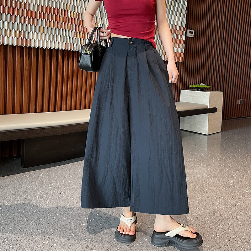 胖MM亚麻女夏季薄款凉感小个子大码高腰垂感七分九分阔腿阔腿裤女