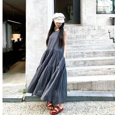 胖MM蓝格子连衣裙大码纯棉轻盈无袖中长款裙子2026春夏新款裙子