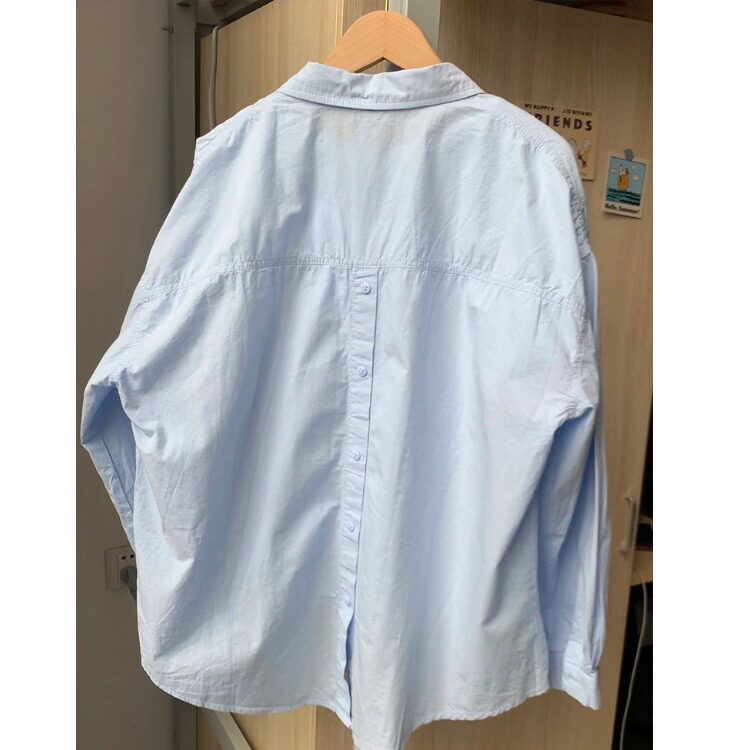 韩版Polo领蓝色衬衫大码春夏叠穿外搭设计感纯棉衬衣法式防晒衫潮