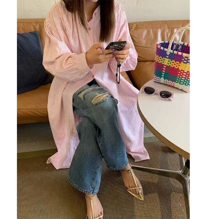 胖MM粉色条纹衬衫裙女2026春季大码日韩宽松复古遮肉减龄百搭长裙