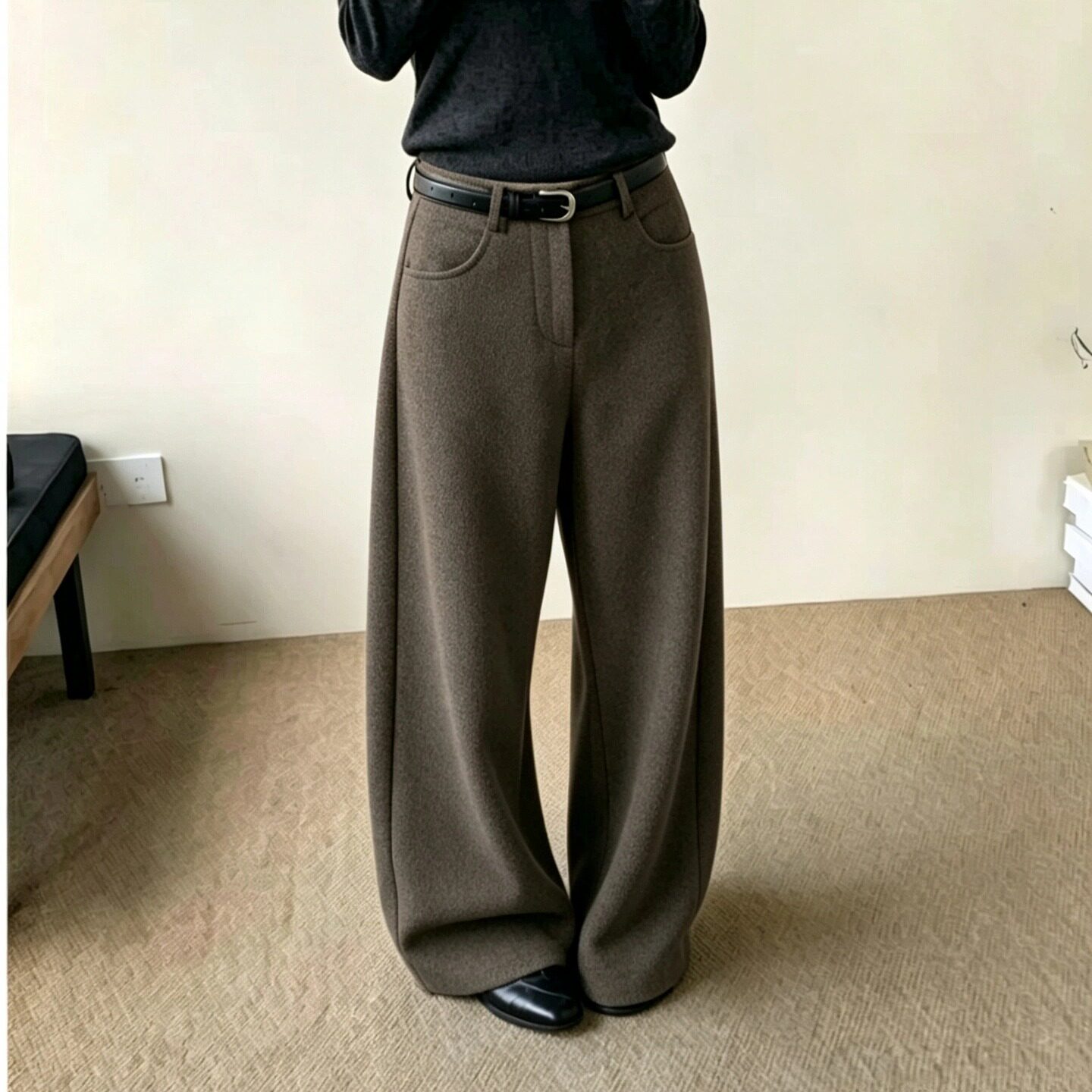 2026秋季新款大码弯刀毛呢裤女胖MM高腰显瘦阔腿休闲拖地裤长裤女